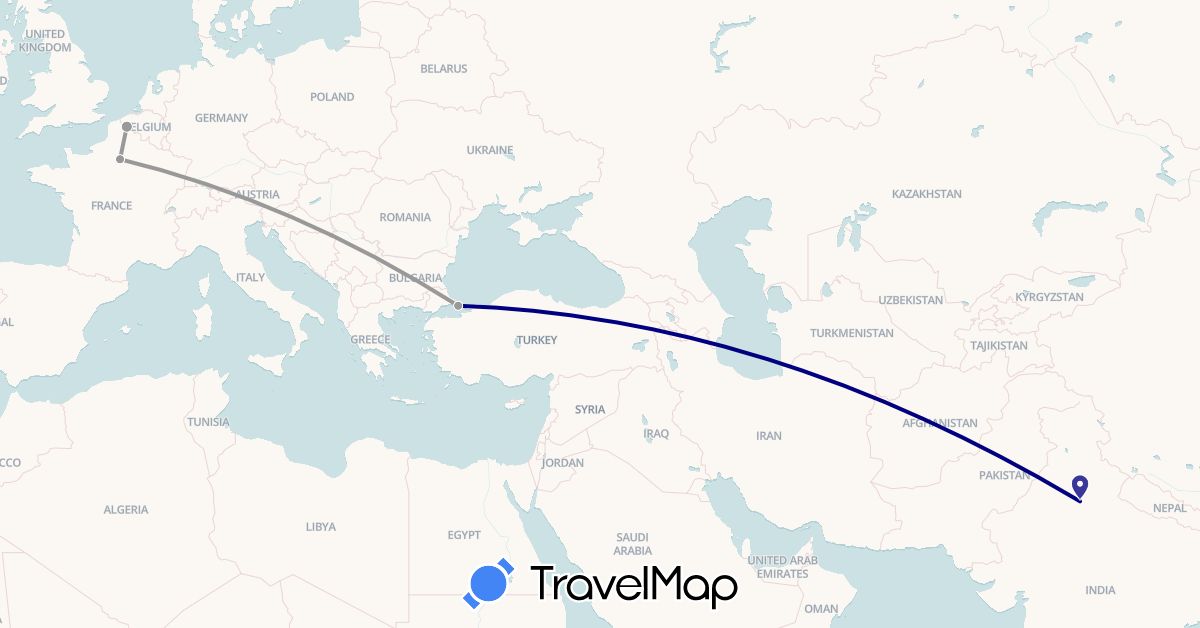 TravelMap itinerary: driving, plane, train in France, India, Turkey (Asia, Europe)